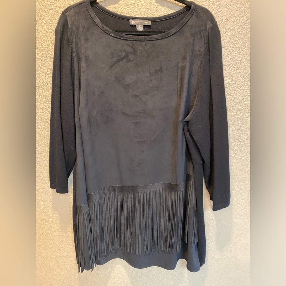 INC Woman black stylish tunic top with fringe front. Long sleeve, plus size.